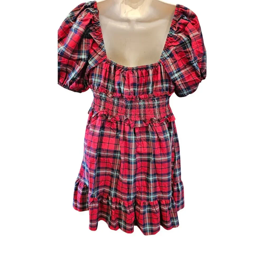phoebe check puff sleeve mini dress in red multi tartan holiday Christmas M - Picture 4 of 10